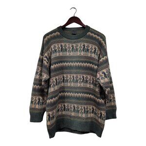 ARTESANIAS Los Incas Alpaca Sweater Pullover Green Tan Striped Long Sleeve Sz M?